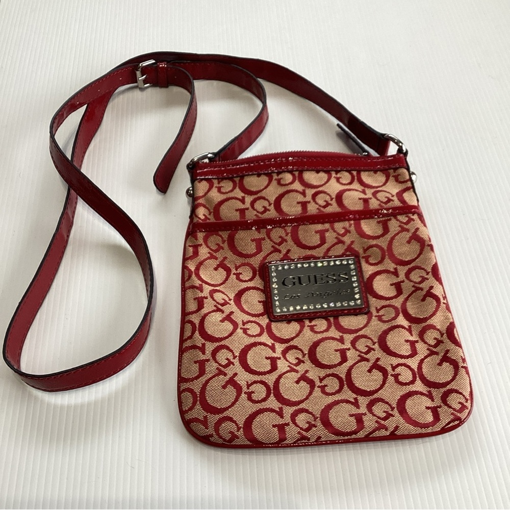 Guess Y2K Bedazzled Faux Leather Fabric crossbody purse Bag Red Tan Vintage